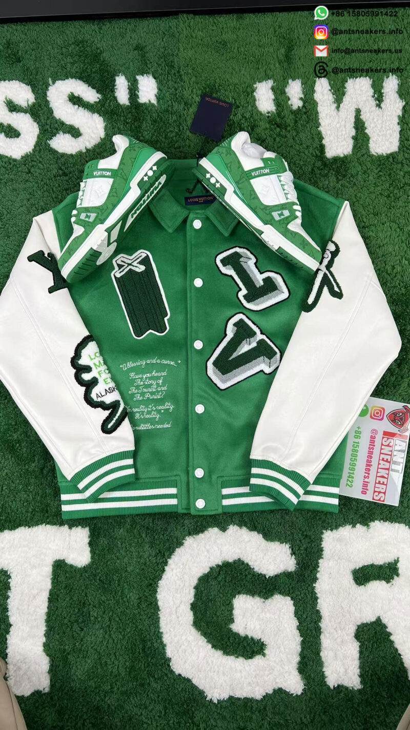 Louis Vuitton Alphabet Patchwork Loose Long Sleeve Baseball Jersey Green 1A98D3