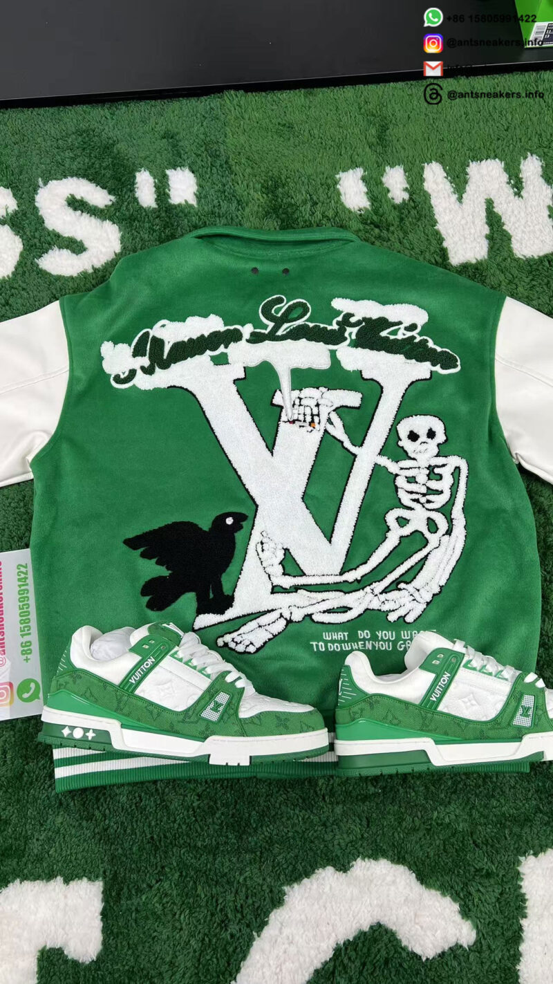Louis Vuitton Alphabet Patchwork Loose Long Sleeve Baseball Jersey Green 1A98D3