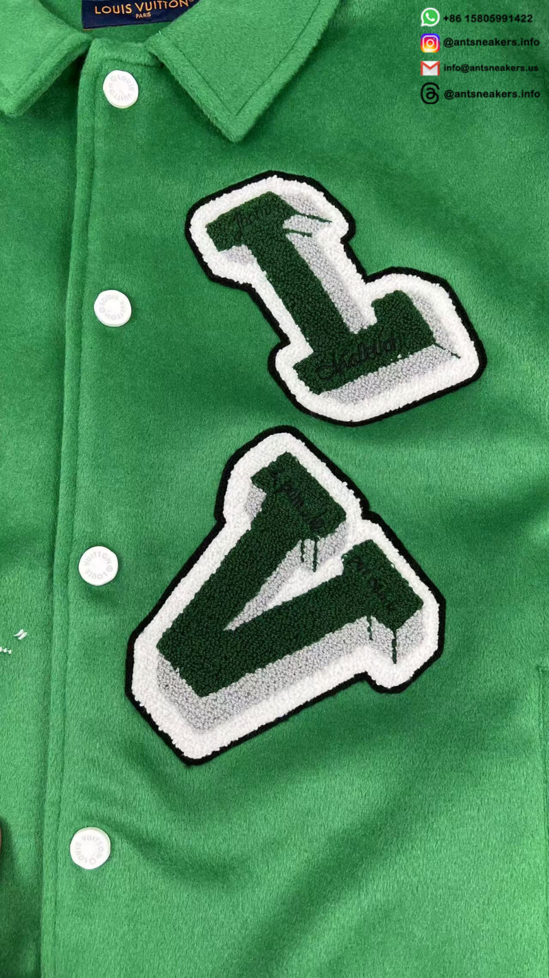 Louis Vuitton Alphabet Patchwork Loose Long Sleeve Baseball Jersey Green 1A98D3