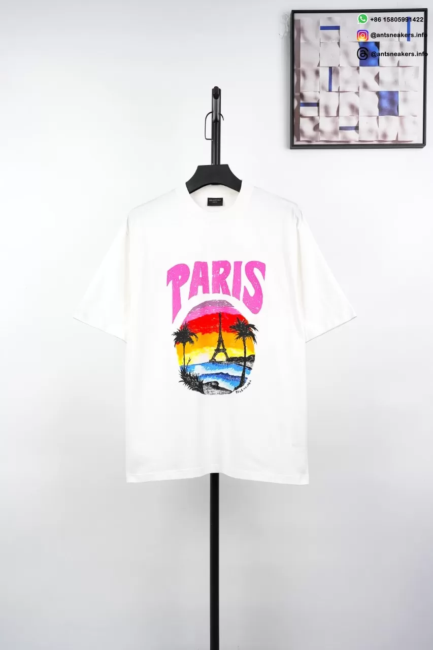 BALENCIAGA Paris Hawaii Print T-Shirt White Streetwear