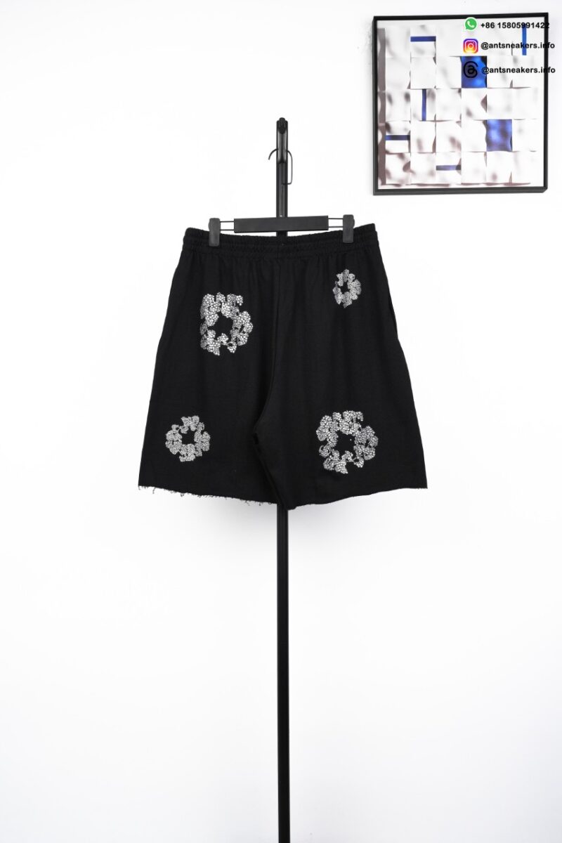 DENIM TEARS Rhinestone Cotton Flower Shorts Black