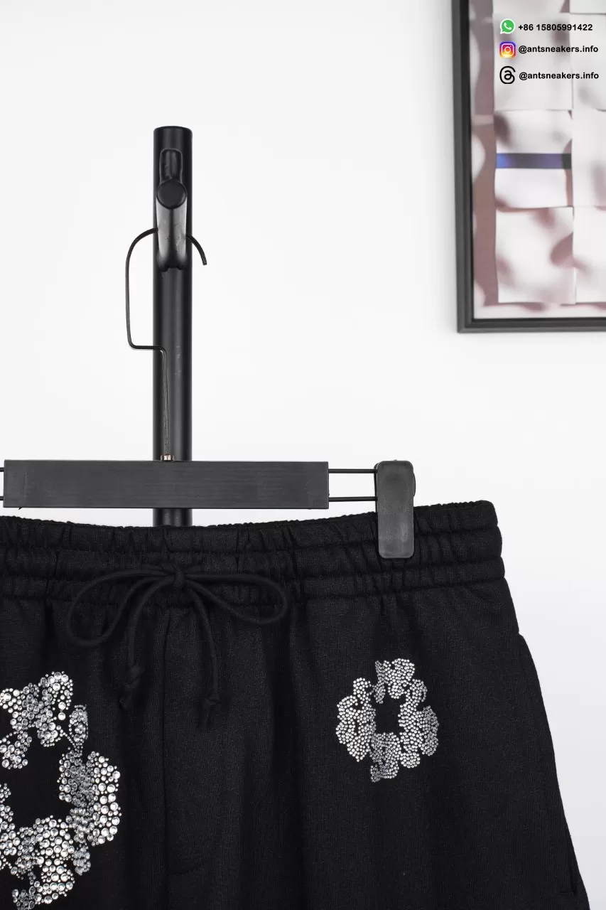 DENIM TEARS Rhinestone Cotton Flower Shorts Black
