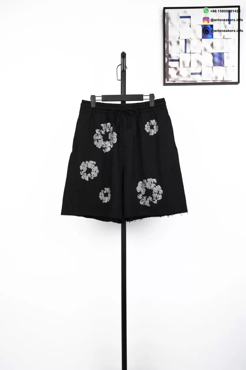 DENIM TEARS Rhinestone Cotton Flower Shorts Black
