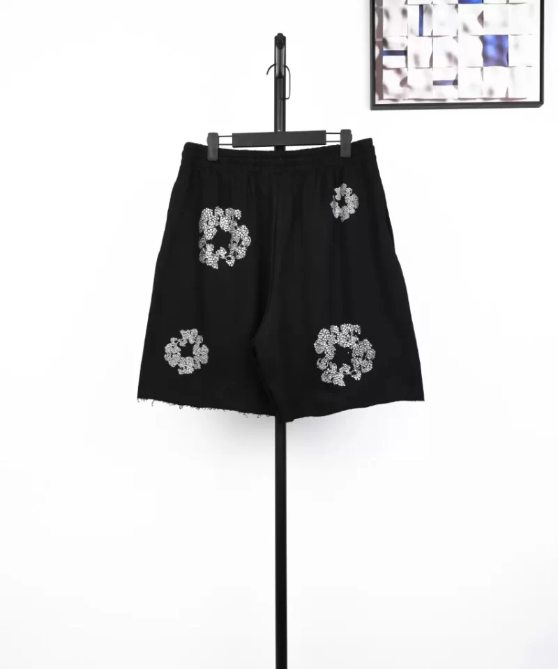 DENIM TEARS Rhinestone Cotton Flower Shorts Black