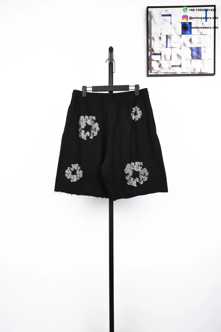 DENIM TEARS Rhinestone Cotton Flower Shorts Black