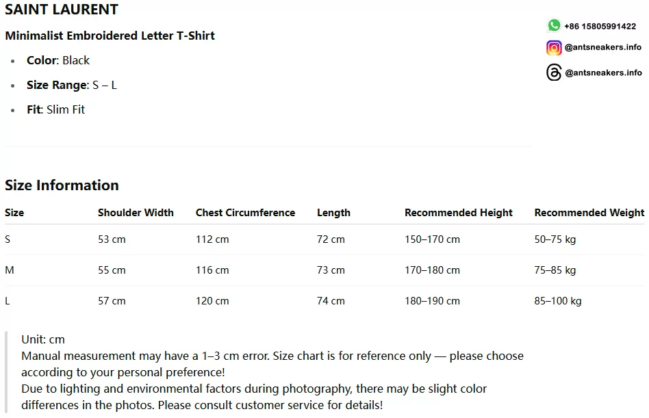 SAINT LAURENT Minimalist Embroidered Letter T-Shirt Black