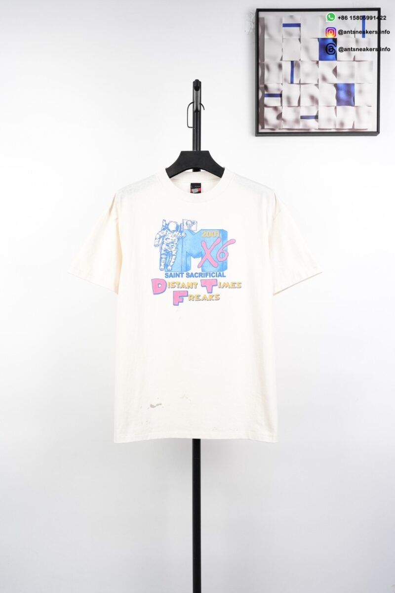 SAINT MICHAEL Astronaut Distressed Graphic T-Shirt White