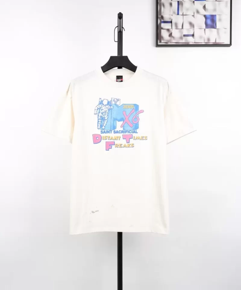 SAINT MICHAEL Astronaut Distressed Graphic T-Shirt White