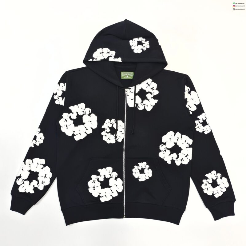 Denim Tears White Cotton Flower Black Zip Hoodie