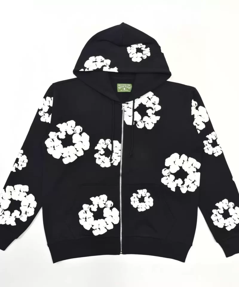 Denim Tears White Cotton Flower Black Zip Hoodie