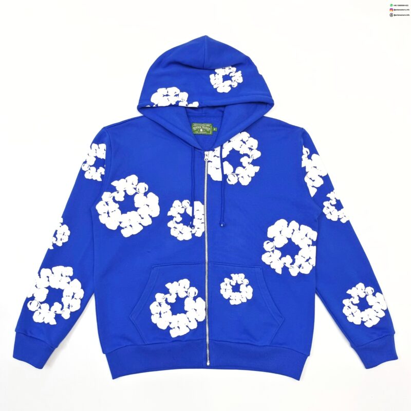 Denim Tears White Cotton Flower Electric Blue Zip Hoodie