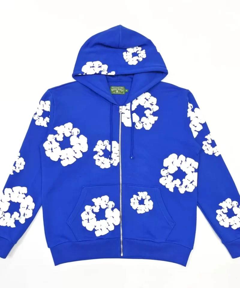 Denim Tears White Cotton Flower Electric Blue Zip Hoodie