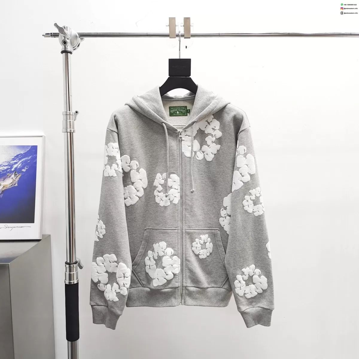 Denim Tears White Cotton Flower Gray Zip Hoodie