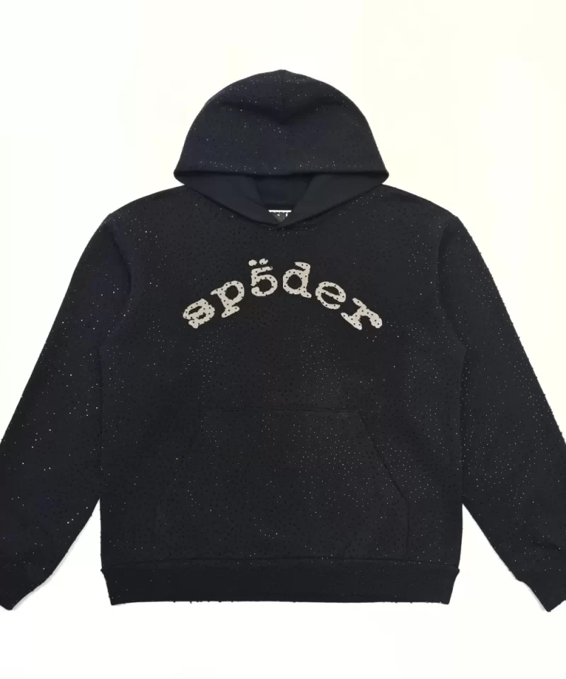 Sp5der Black Full Rhinestone Hoodies Streetwear