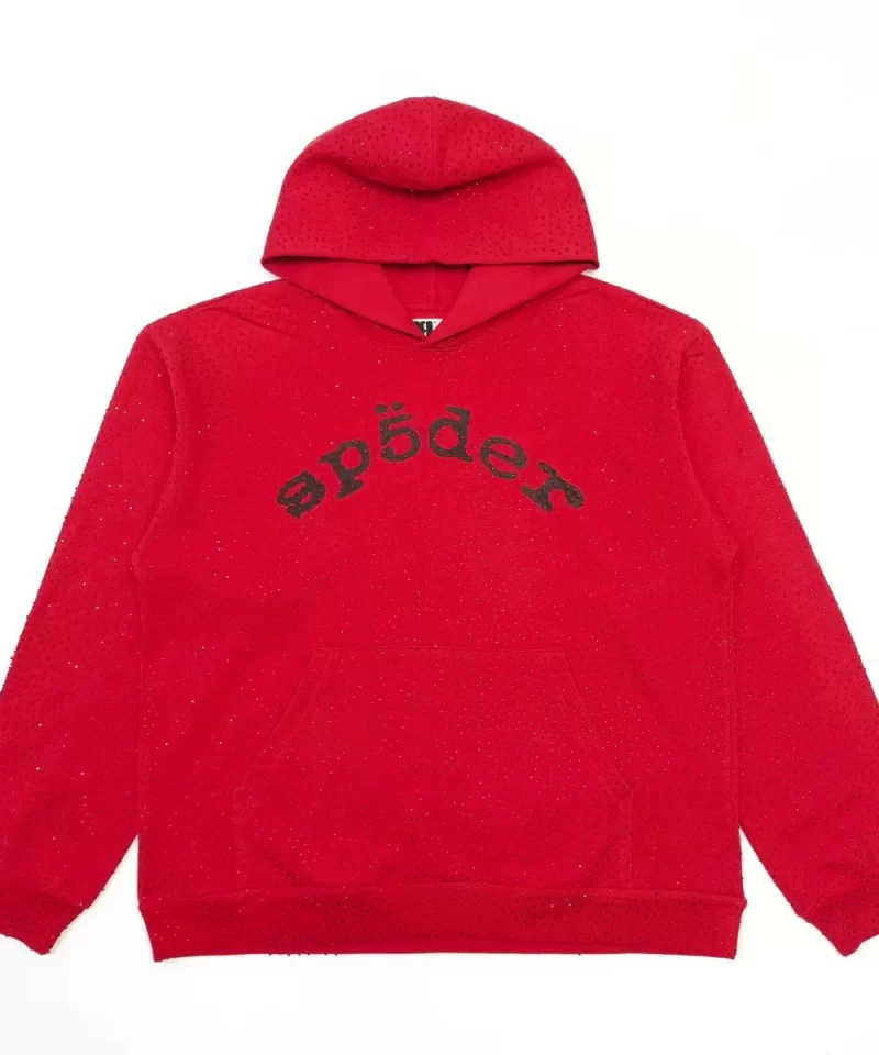 Sp5der Bright Red Full Rhinestone Hoodies Streetwear