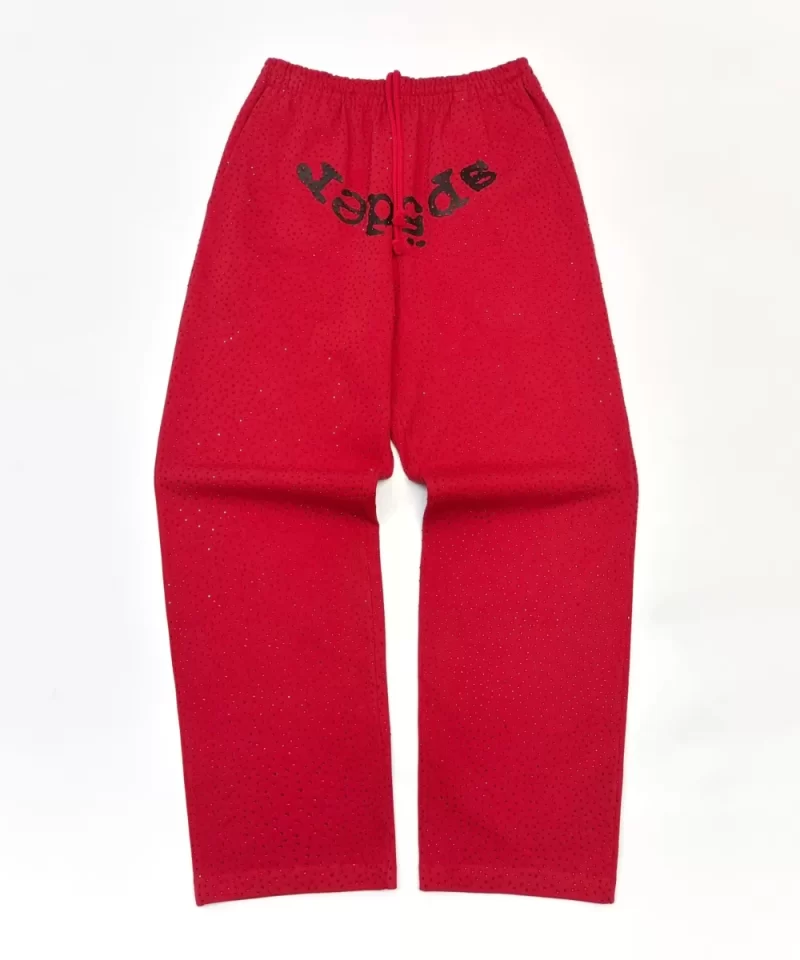 Sp5der Bright Red Full Rhinestone Sweatpants Streetwear