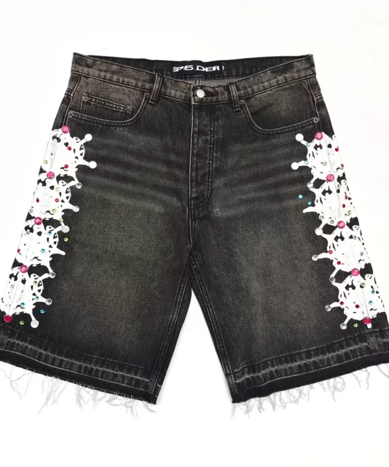Sp5der Gray Distressed Denim Shorts Streetwear