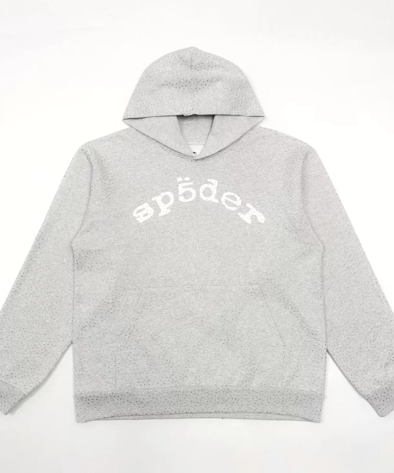 Sp5der Light Gray Full Diamond Hoodie Streetwear
