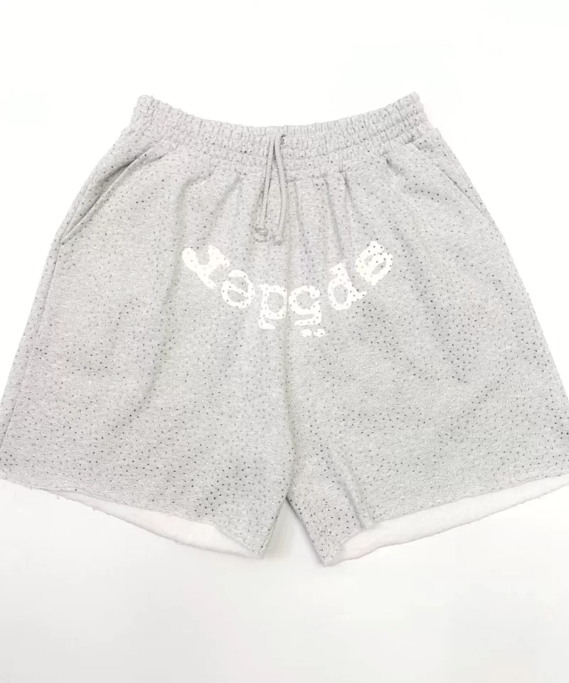 Sp5der Light Gray Full Rhinestone Shorts Streetwear