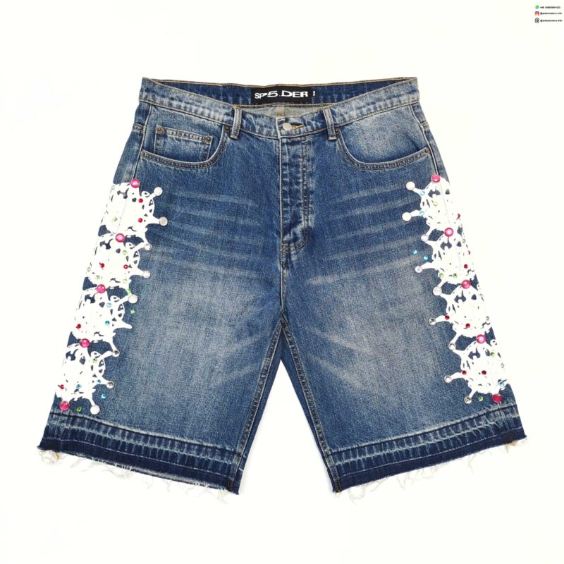 Sp5der Rivet Light Blue Denim Shorts