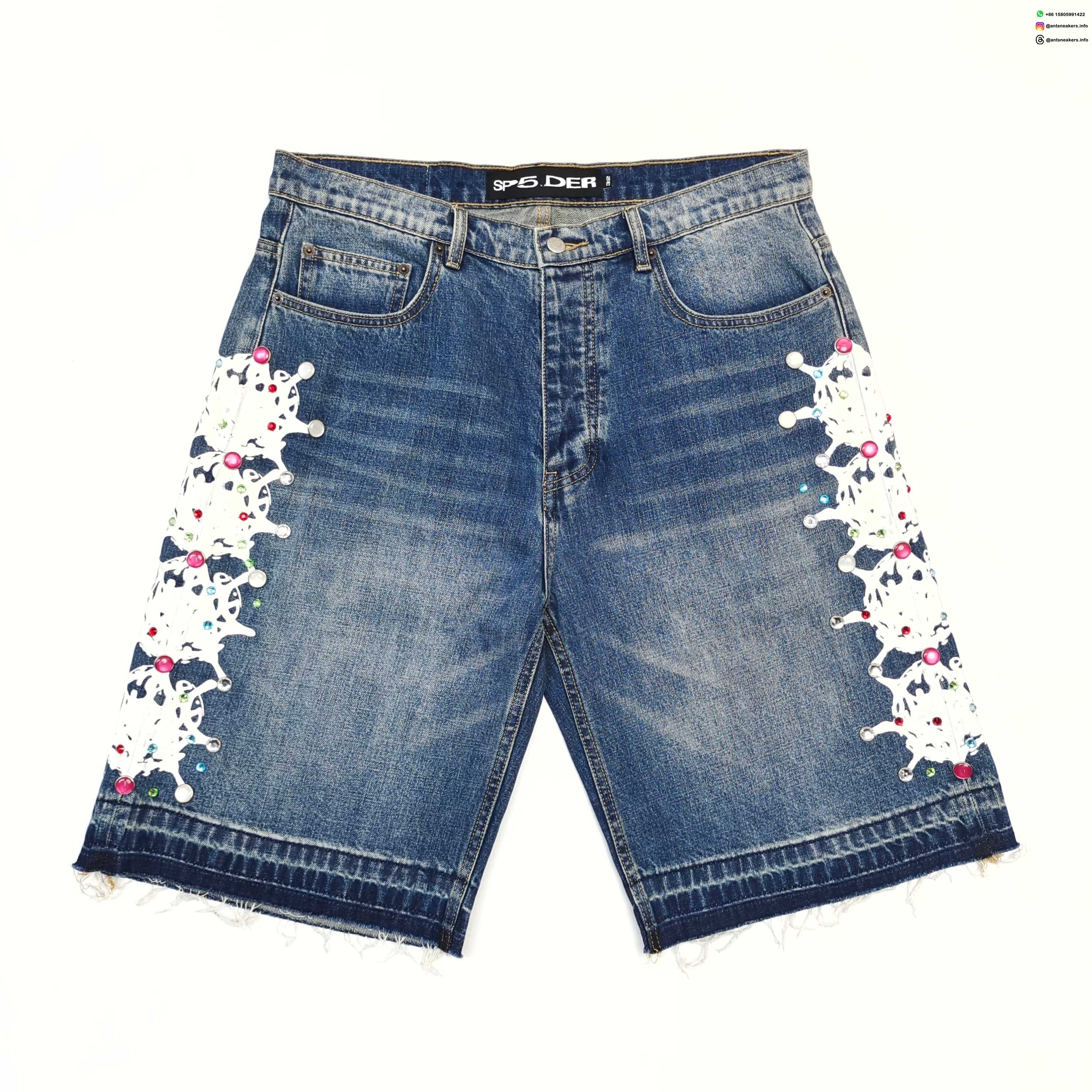 Sp5der Rivet Light Blue Denim Shorts