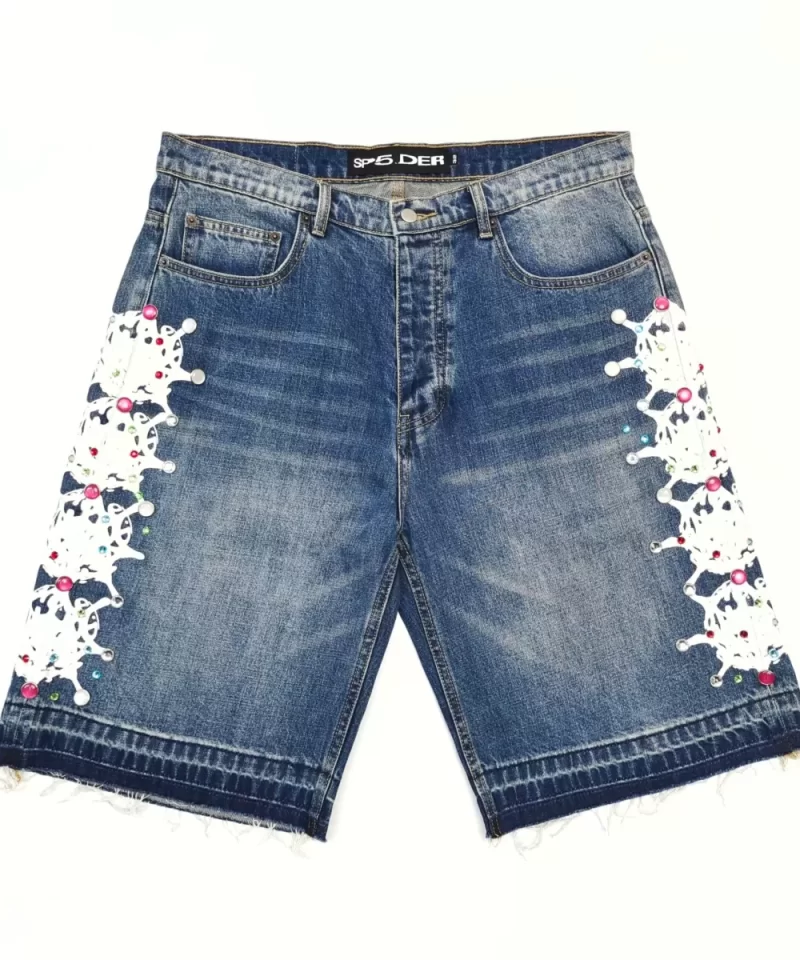 Sp5der Rivet Light Blue Denim Shorts Streetwear
