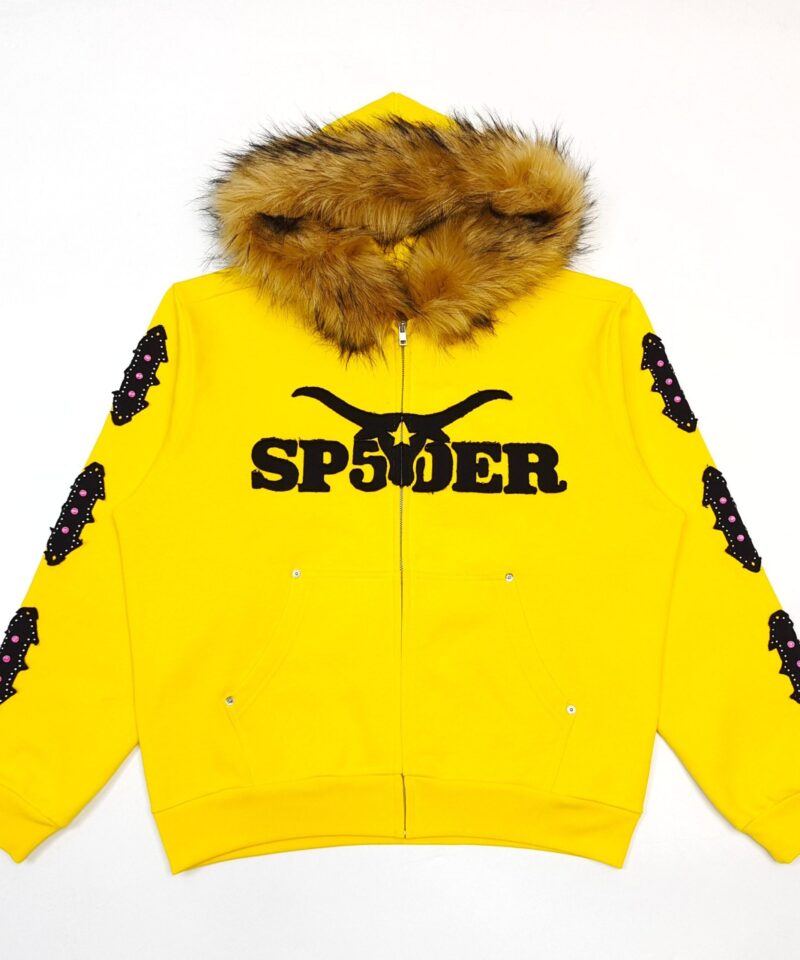 Sp5der Yellow Fur Collar Zip Hoodie