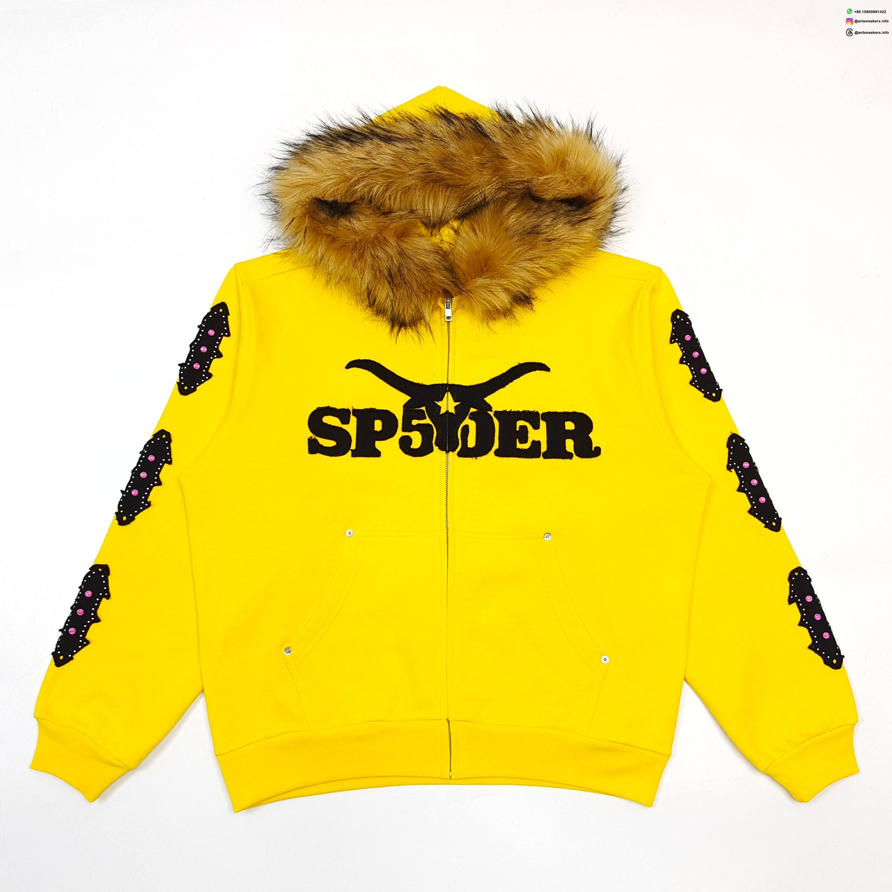 Sp5der Yellow Fur Collar Zip Hoodie
