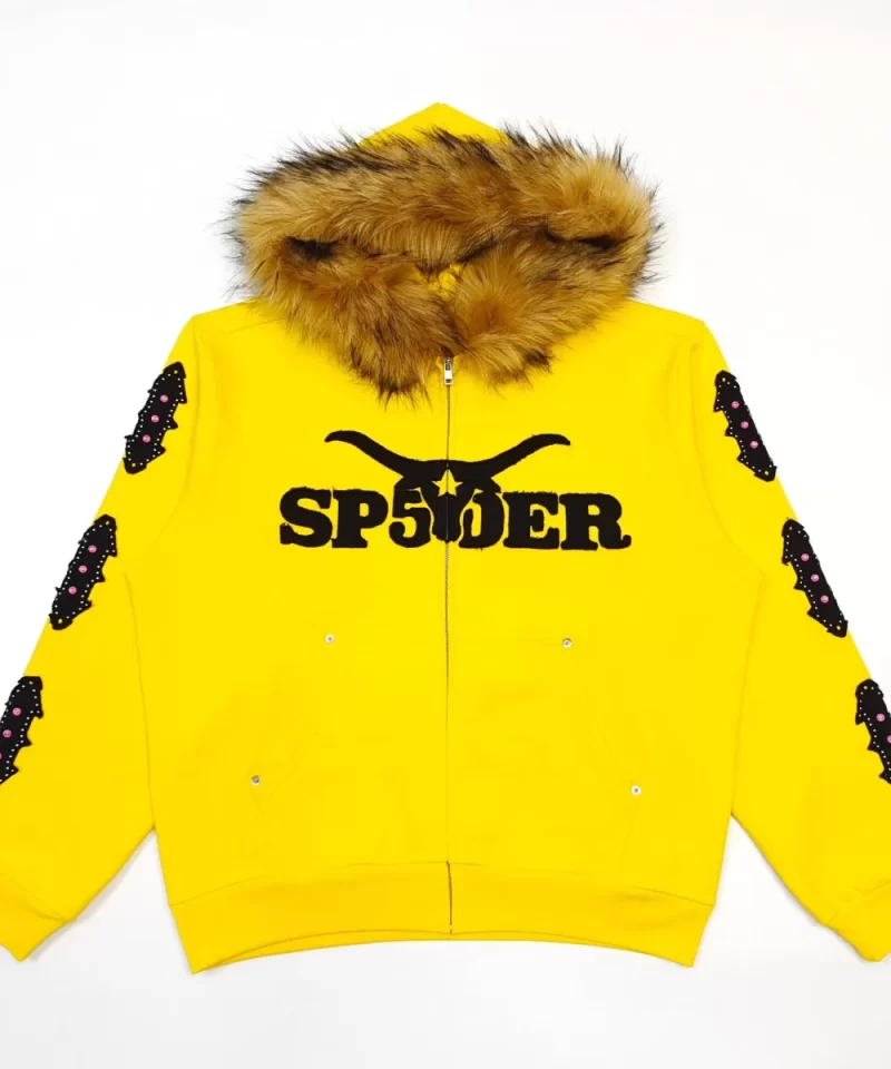 Sp5der Yellow Fur Collar Zip Hoodie Streetwear