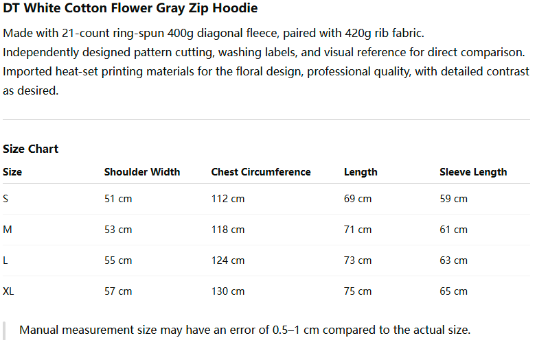 Denim Tears White Cotton Flower Gray Zip Hoodie Size Chart