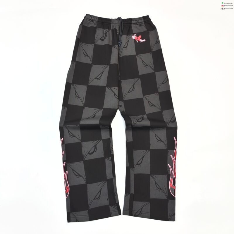 Anti Promo Black & Gray Checkered Sweatpants – Flame Print Streetwear Pants