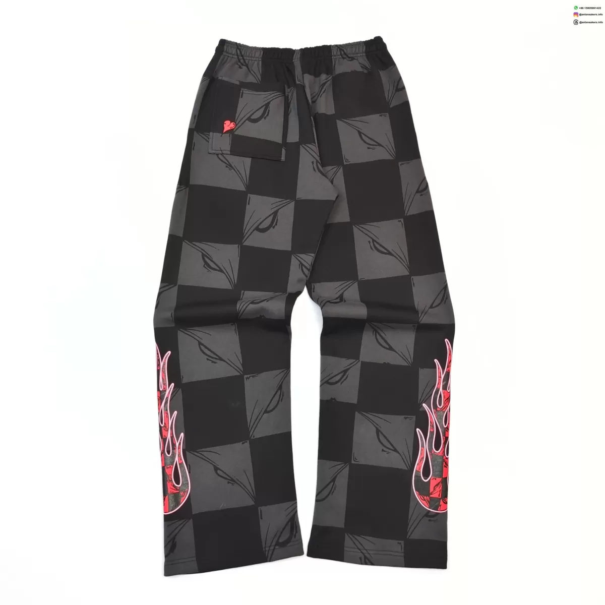 Anti Promo Black & Gray Checkered Sweatpants - Flame Print Streetwear Pants
