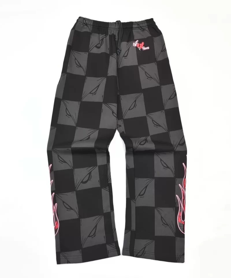 Anti Promo Black & Gray Checkered Sweatpants - Flame Print Streetwear Pants