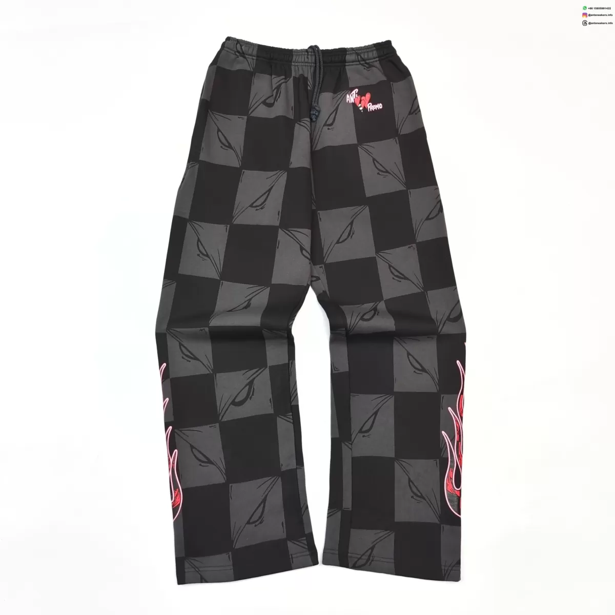 Anti Promo Black & Gray Checkered Sweatpants - Flame Print Streetwear Pants