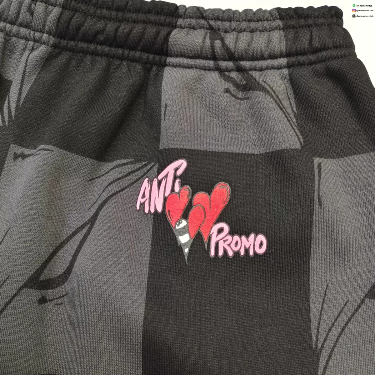Anti Promo Black & Gray Checkered Sweatpants - Flame Print Streetwear Pants