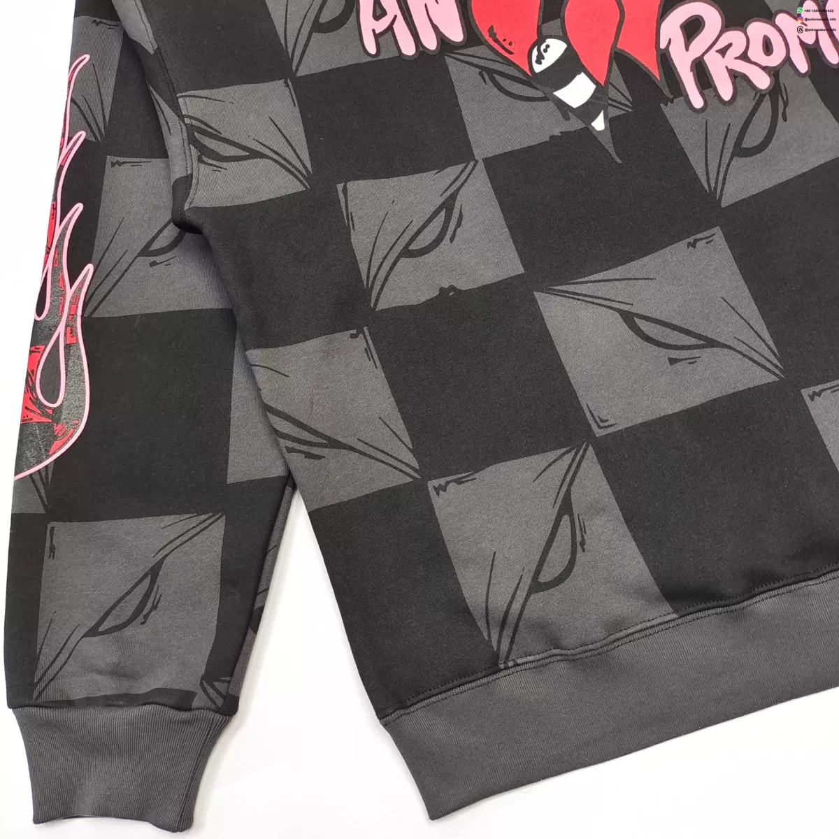 Anti Promo Black & Grey Checkered Flame Hoodie - Luxury Streetwear Pullover
