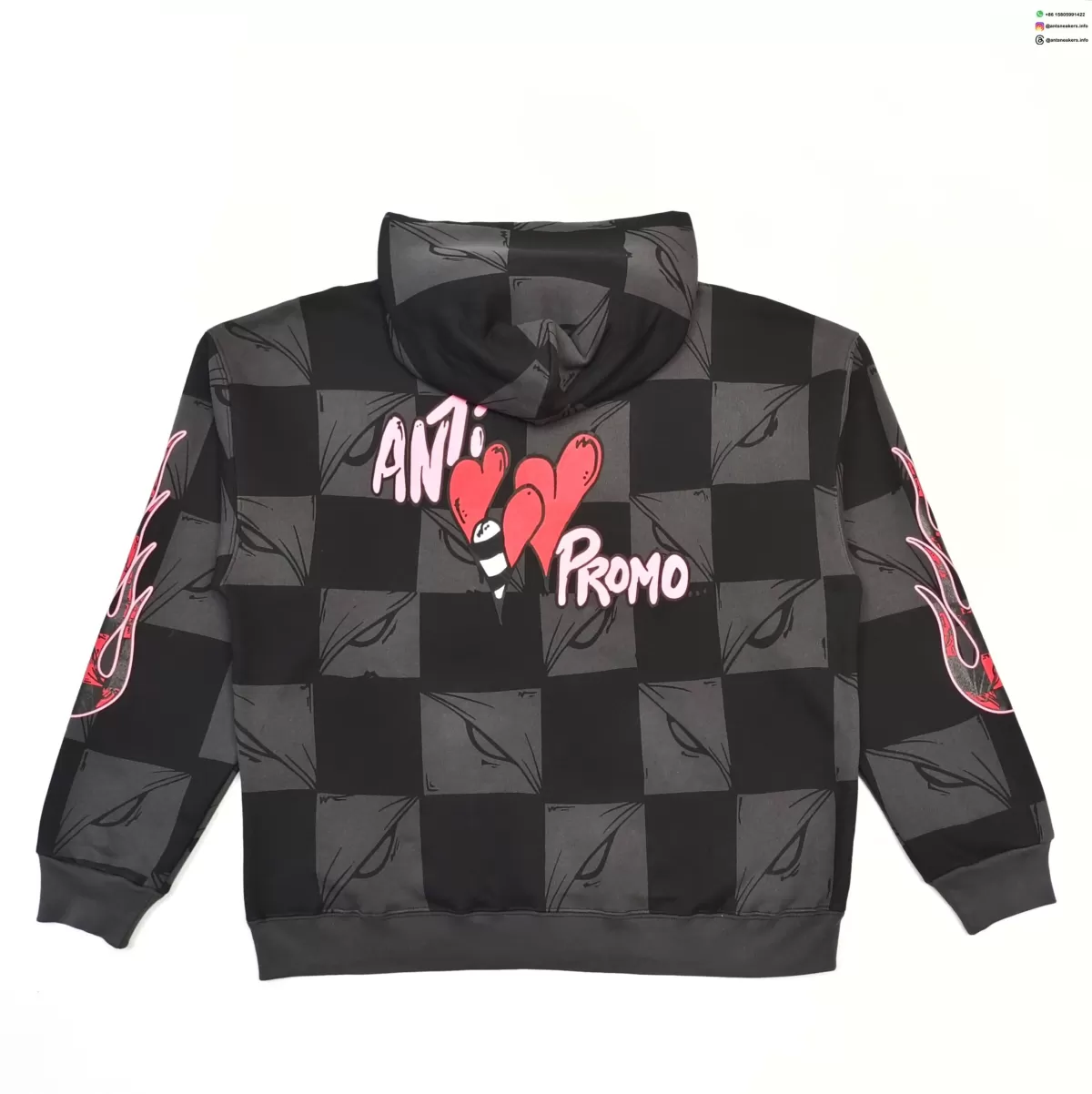 Anti Promo Black & Grey Checkered Flame Hoodie - Luxury Streetwear Pullover