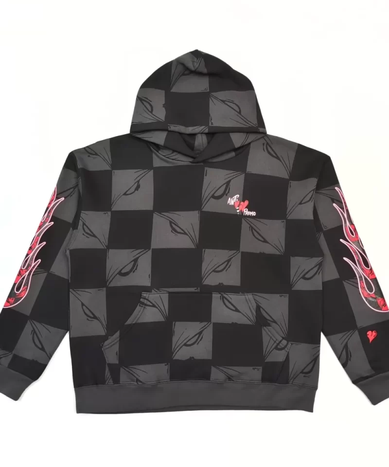 Anti Promo Black & Grey Checkered Flame Hoodie - Luxury Streetwear Pullover