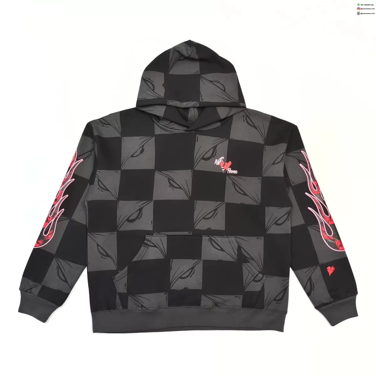 Anti Promo Black & Grey Checkered Flame Hoodie - Luxury Streetwear Pullover
