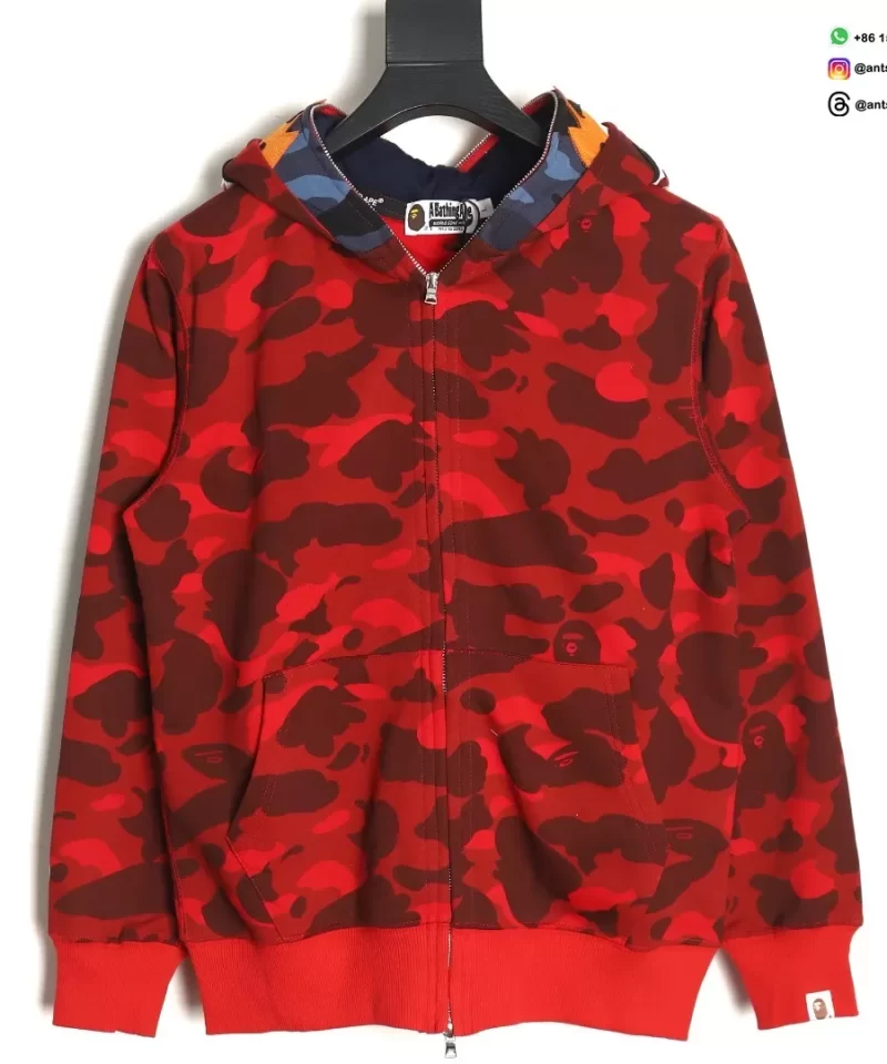 BAPE Red Camo Shark Tiger Multi-Logo Full Zip Hoodie