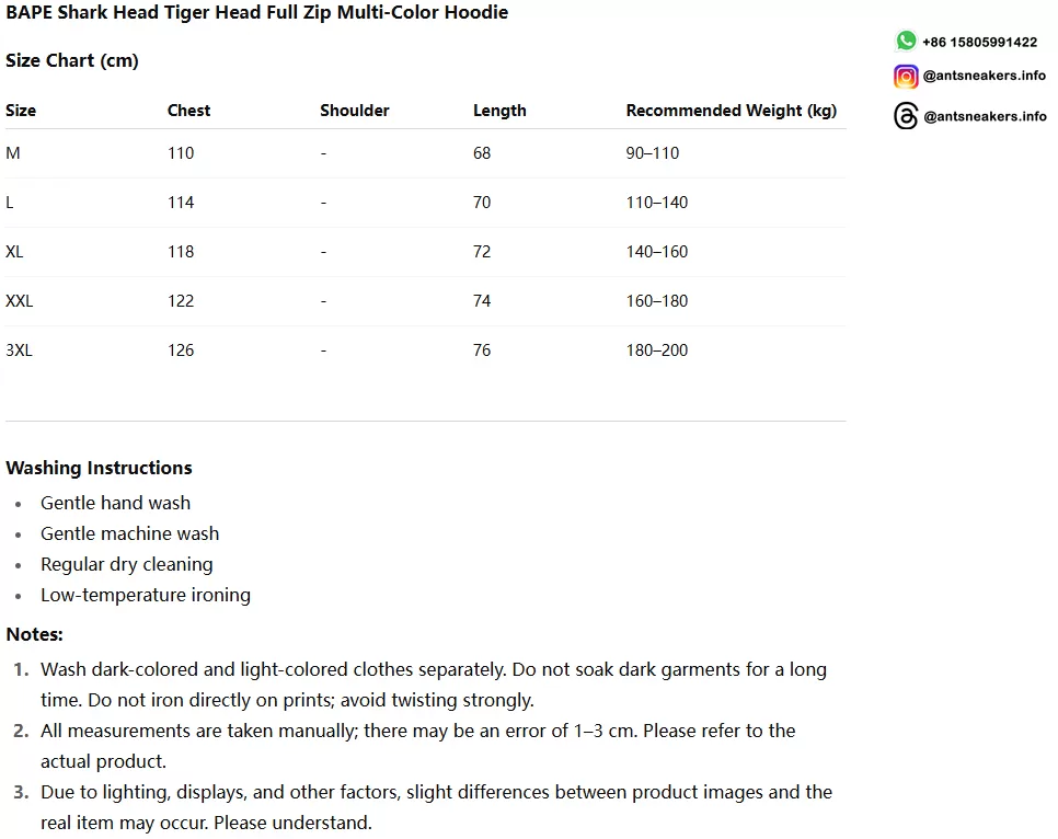 BAPE Shark Head Tiger Head Full Zip Multi-Color Hoodie