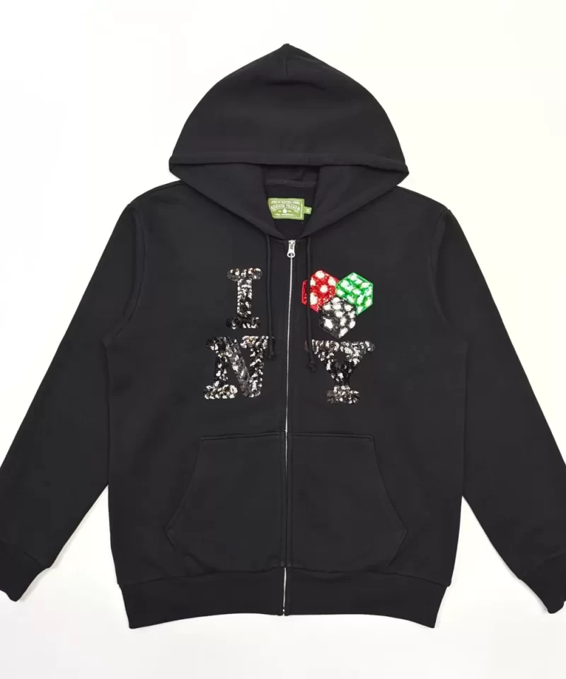 DENIM TEARS Beaded NY Black Zip-Up Hoodies Streetwear