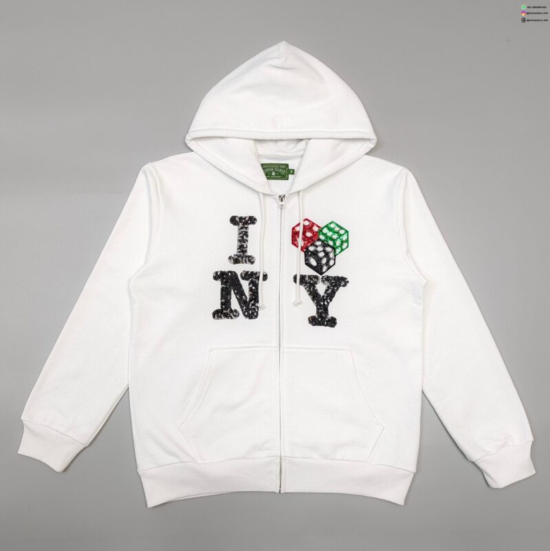 DENIM TEARS Beaded NY White Zipper Hoodie