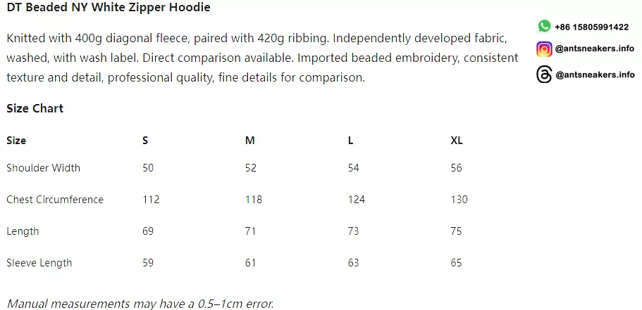 DENIM TEARS Beaded NY White Zipper Hoodie Streetwear