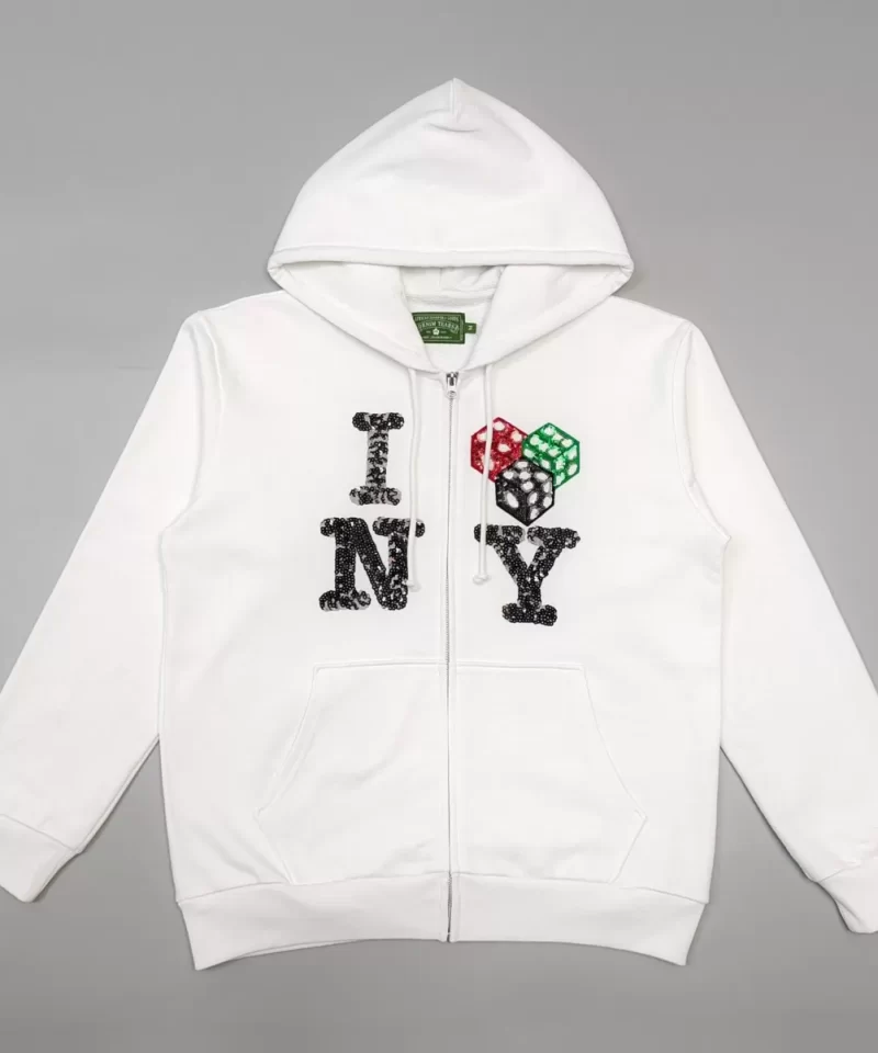 DENIM TEARS Beaded NY White Zipper Hoodie Streetwear