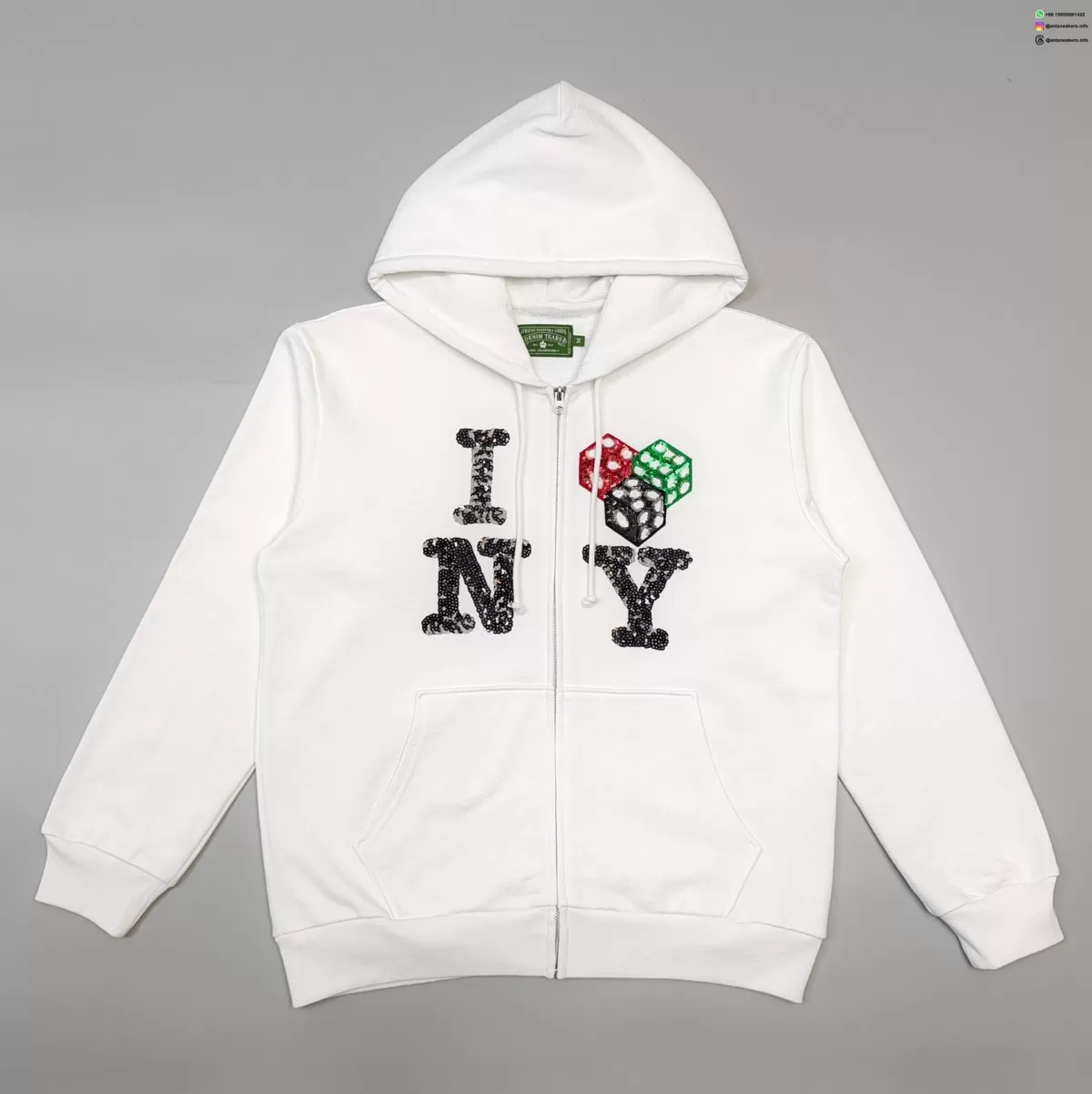 DENIM TEARS Beaded NY White Zipper Hoodie Streetwear