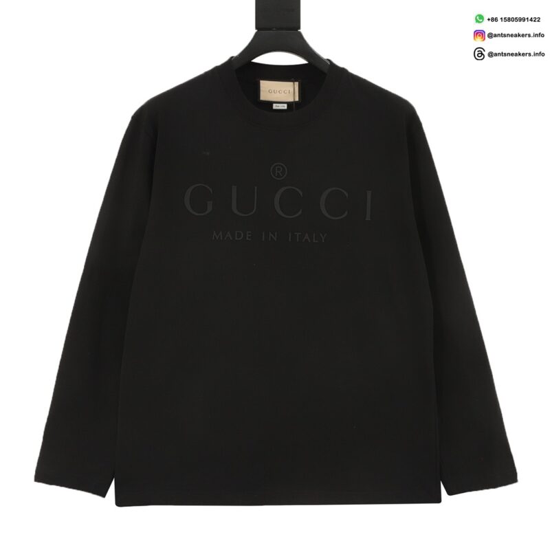 Gucci Men’s Black Long Sleeve Slogan Embossed T-Shirt – Premium Streetwear Top