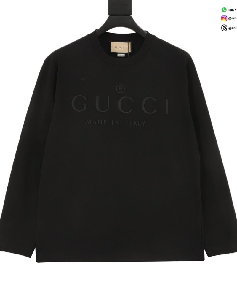 Gucci Men’s Black Long Sleeve Slogan Embossed T-Shirt – Premium Streetwear Top