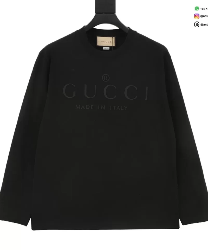 Gucci Men's Black Long Sleeve Slogan Embossed T-Shirt - Premium Streetwear Top