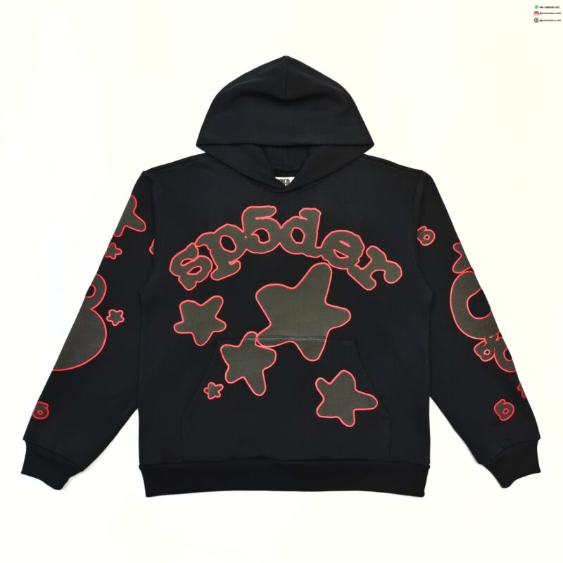 SP5DER Black Hoodie with Red Star Outline